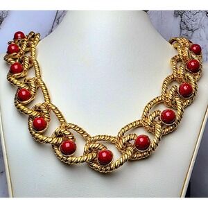 Designer Kenneth Lane Gold Tone & Faux Coral 16" Thick Chain Necklace 37